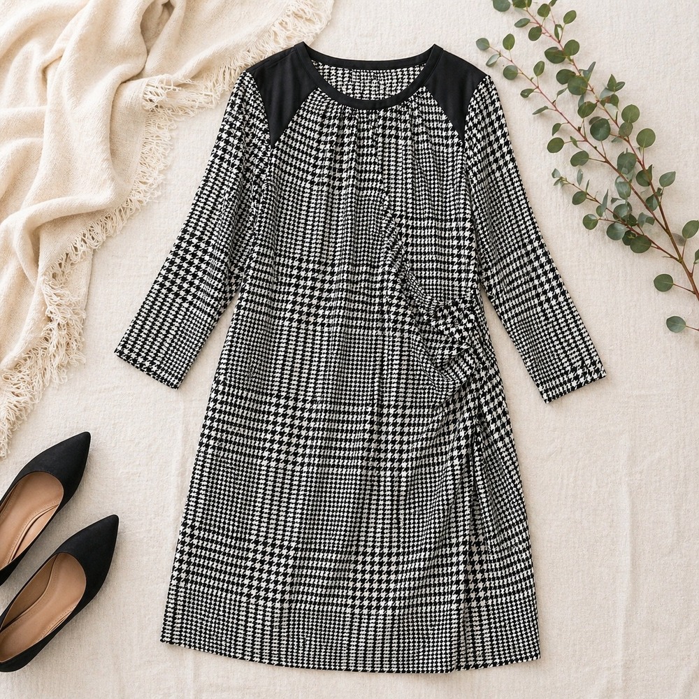 Calvin Klein Womens Houndstooth Sheath Dress Faux Leather Trim Black White L